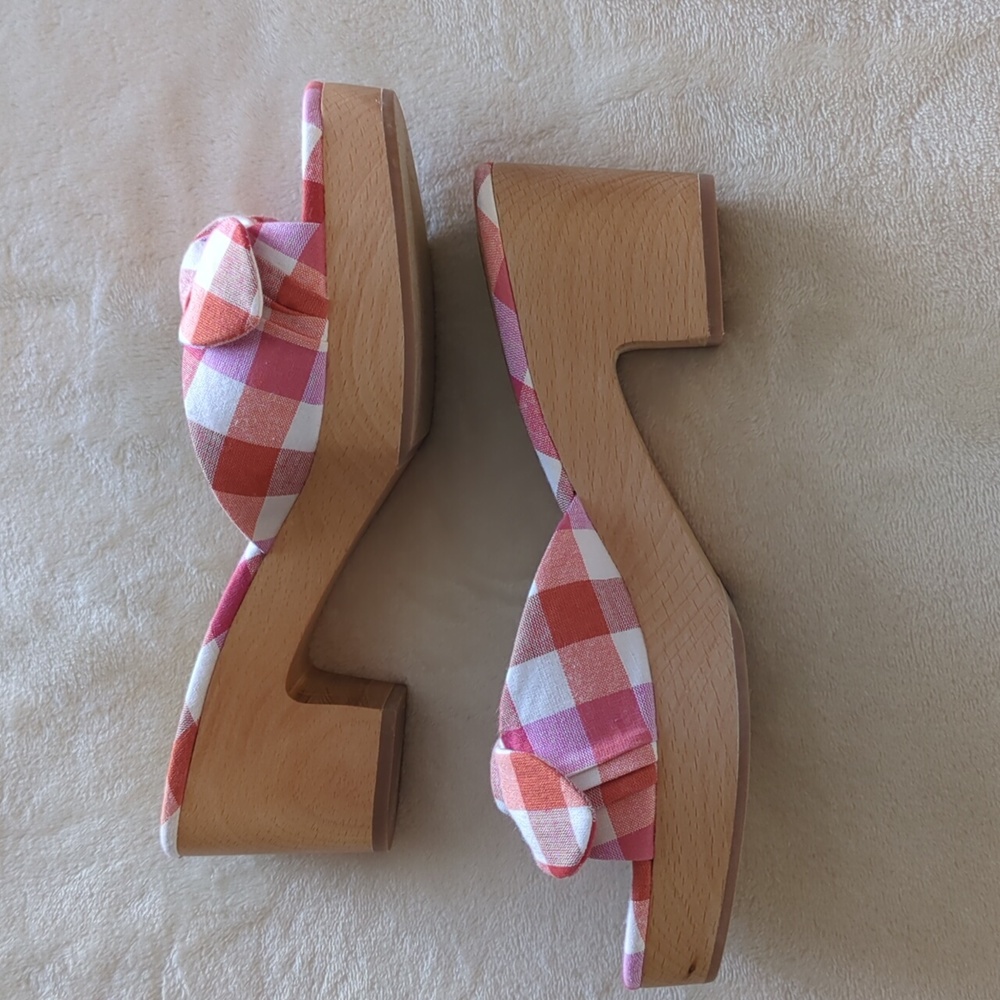 J. Crew Printed Plaid Clog Bow Heels Sandals Slide Sz 8 New Box Red White Purple - Picture 7 of 13